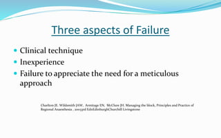 Three aspects of Failure
 Clinical technique
 Inexperience
 Failure to appreciate the need for a meticulous
approach
Charlton JE. Wildsmith JAW, Armitage EN, McClure JH. Managing the block, Principles and Practice of
Regional Anaesthesia , 20033rd EdnEdinburghChurchill Livingstone
 