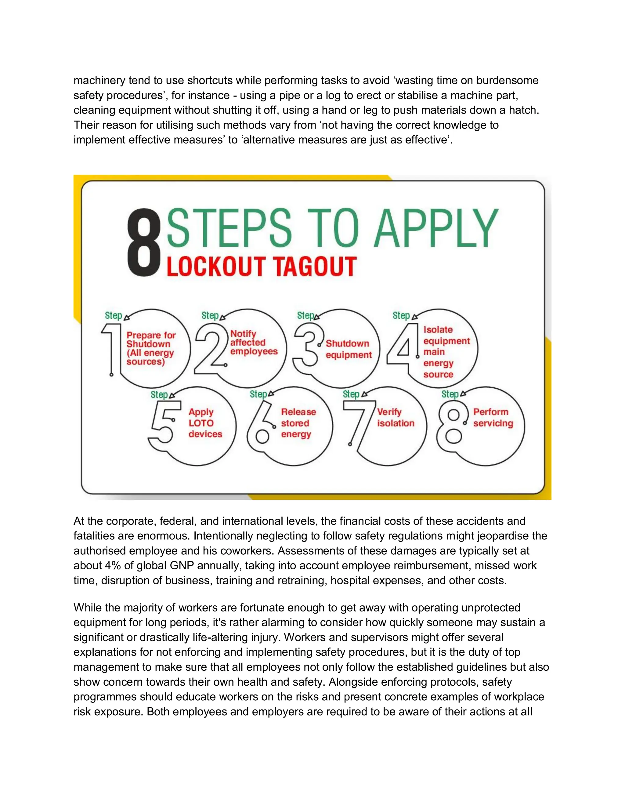 machinery tend to use shortcuts while performing tasks to avoid ‘wasting time on burdensome
safety procedures’, for instance - using a pipe or a log to erect or stabilise a machine part,
cleaning equipment without shutting it off, using a hand or leg to push materials down a hatch.
Their reason for utilising such methods vary from ‘not having the correct knowledge to
implement effective measures’ to ‘alternative measures are just as effective’.
At the corporate, federal, and international levels, the financial costs of these accidents and
fatalities are enormous. Intentionally neglecting to follow safety regulations might jeopardise the
authorised employee and his coworkers. Assessments of these damages are typically set at
about 4% of global GNP annually, taking into account employee reimbursement, missed work
time, disruption of business, training and retraining, hospital expenses, and other costs.
While the majority of workers are fortunate enough to get away with operating unprotected
equipment for long periods, it's rather alarming to consider how quickly someone may sustain a
significant or drastically life-altering injury. Workers and supervisors might offer several
explanations for not enforcing and implementing safety procedures, but it is the duty of top
management to make sure that all employees not only follow the established guidelines but also
show concern towards their own health and safety. Alongside enforcing protocols, safety
programmes should educate workers on the risks and present concrete examples of workplace
risk exposure. Both employees and employers are required to be aware of their actions at all
 