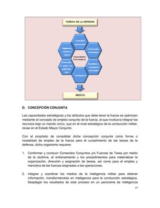 TAREAS DE LA DEFENSA




                                              Capacidad
                                              operacional


                               Vigilancia,                   Proyección
                               control y                     Estratégica
                                 alerta

                                             Capacidades
                                             Estratégicas

                              Protección                     Movilidad y
                              y apoyo a la                   transporte
                               población                     estratégico
                                  civil

                                              Inteligencia




                                              MEDIOS




D. CONCEPCIÓN CONJUNTA

Las capacidades estratégicas y los atributos que debe tener la fuerza se optimizan
mediante el concepto de empleo conjunto de la fuerza, el que involucra integrar los
recursos bajo un mando único, que en el nivel estratégico de la conducción militar,
recae en el Estado Mayor Conjunto.

Con el propósito de consolidar dicha concepción conjunta como forma o
modalidad de empleo de la fuerza para el cumplimiento de las tareas de la
defensa, dicho organismo requiere:

1. Conformar y conducir Comandos Conjuntos y/o Fuerzas de Tarea por medio
   de la doctrina, el entrenamiento y los procedimientos para materializar la
   organización, dirección y asignación de tareas, así como para el empleo y
   maniobra de las fuerzas asignadas a las operaciones.

2. Integrar y coordinar los medios de la inteligencia militar para obtener
   información, transformándola en inteligencia para la conducción estratégica.
   Desplegar los resultados de este proceso en un panorama de inteligencia
                                                                                 57
 