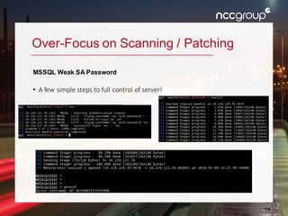 14
Over-Focus on Scanning / Patching
MSSQL Weak SA Password
• A few simple steps to full control of server!
 