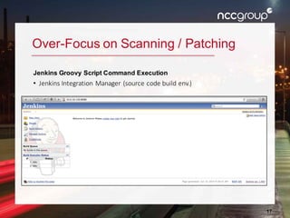 17
Over-Focus on Scanning / Patching
Jenkins Groovy Script Command Execution
• Jenkins Integration Manager (source code build env.)
 