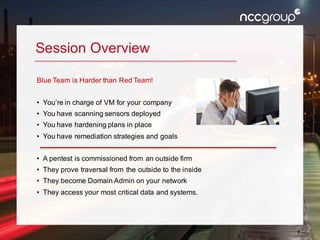 7
Session Overview
Blue Team is Harder than Red Team!
• You’re in charge of VM for your company
• You have scanning sensors deployed
• You have hardening plans in place
• You have remediation strategies and goals
• A pentest is commissioned from an outside firm
• They prove traversal from the outside to the inside
• They become Domain Admin on your network
• They access your most critical data and systems.
 