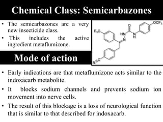 Chemical Class: Semicarbazones
• The semicarbazones are a very
new insecticide class.
• This includes the active
ingredient metaflumizone.
• Early indications are that metaflumizone acts similar to the
indoxacarb metabolite.
• It blocks sodium channels and prevents sodium ion
movement into nerve cells.
• The result of this blockage is a loss of neurological function
that is similar to that described for indoxacarb.
Mode of action
 