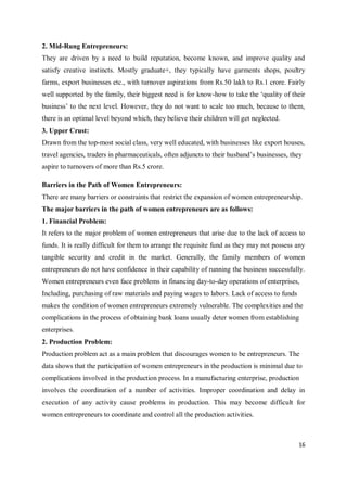 16
2. Mid-Rung Entrepreneurs:
They are driven by a need to build reputation, become known, and improve quality and
satisfy creative instincts. Mostly graduate+, they typically have garments shops, poultry
farms, export businesses etc., with turnover aspirations from Rs.50 lakh to Rs.1 crore. Fairly
well supported by the family, their biggest need is for know-how to take the ‘quality of their
business’ to the next level. However, they do not want to scale too much, because to them,
there is an optimal level beyond which, they believe their children will get neglected.
3. Upper Crust:
Drawn from the top-most social class, very well educated, with businesses like export houses,
travel agencies, traders in pharmaceuticals, often adjuncts to their husband’s businesses, they
aspire to turnovers of more than Rs.5 crore.
Barriers in the Path of Women Entrepreneurs:
There are many barriers or constraints that restrict the expansion of women entrepreneurship.
The major barriers in the path of women entrepreneurs are as follows:
1. Financial Problem:
It refers to the major problem of women entrepreneurs that arise due to the lack of access to
funds. It is really difficult for them to arrange the requisite fund as they may not possess any
tangible security and credit in the market. Generally, the family members of women
entrepreneurs do not have confidence in their capability of running the business successfully.
Women entrepreneurs even face problems in financing day-to-day operations of enterprises,
Including, purchasing of raw materials and paying wages to labors. Lack of access to funds
makes the condition of women entrepreneurs extremely vulnerable. The complexities and the
complications in the process of obtaining bank loans usually deter women from establishing
enterprises.
2. Production Problem:
Production problem act as a main problem that discourages women to be entrepreneurs. The
data shows that the participation of women entrepreneurs in the production is minimal due to
complications involved in the production process. In a manufacturing enterprise, production
involves the coordination of a number of activities. Improper coordination and delay in
execution of any activity cause problems in production. This may become difficult for
women entrepreneurs to coordinate and control all the production activities.
 