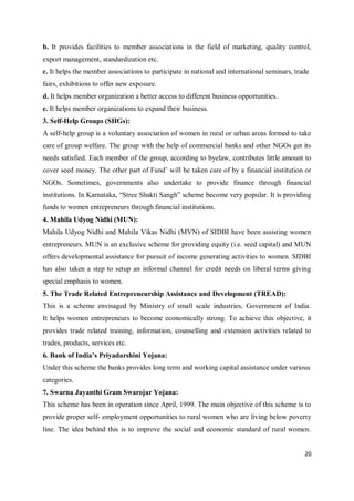 20
b. It provides facilities to member associations in the field of marketing, quality control,
export management, standardization etc.
c. It helps the member associations to participate in national and international seminars, trade
fairs, exhibitions to offer new exposure.
d. It helps member organization a better access to different business opportunities.
e. It helps member organizations to expand their business.
3. Self-Help Groups (SHGs):
A self-help group is a voluntary association of women in rural or urban areas formed to take
care of group welfare. The group with the help of commercial banks and other NGOs get its
needs satisfied. Each member of the group, according to byelaw, contributes little amount to
cover seed money. The other part of Fund’ will be taken care of by a financial institution or
NGOs. Sometimes, governments also undertake to provide finance through financial
institutions. In Karnataka, “Stree Shakti Sangh” scheme become very popular. It is providing
funds to women entrepreneurs through financial institutions.
4. Mahila Udyog Nidhi (MUN):
Mahila Udyog Nidhi and Mahila Vikas Nidhi (MVN) of SIDBI have been assisting women
entrepreneurs. MUN is an exclusive scheme for providing equity (i.e. seed capital) and MUN
offers developmental assistance for pursuit of income generating activities to women. SIDBI
has also taken a step to setup an informal channel for credit needs on liberal terms giving
special emphasis to women.
5. The Trade Related Entrepreneurship Assistance and Development (TREAD):
This is a scheme envisaged by Ministry of small scale industries, Government of India.
It helps women entrepreneurs to become economically strong. To achieve this objective, it
provides trade related training, information, counselling and extension activities related to
trades, products, services etc.
6. Bank of India’s Priyadarshini Yojana:
Under this scheme the banks provides long term and working capital assistance under various
categories.
7. Swarna Jayanthi Gram Swarojar Yojana:
This scheme has been in operation since April, 1999. The main objective of this scheme is to
provide proper self- employment opportunities to rural women who are living below poverty
line. The idea behind this is to improve the social and economic standard of rural women.
 