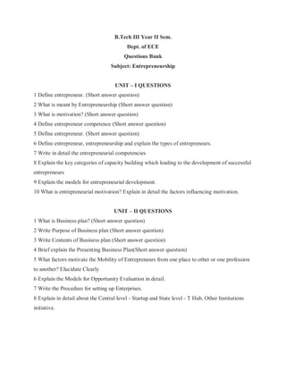 B.Tech III Year II Sem.
Dept. of ECE
Questions Bank
Subject: Entrepreneurship
UNIT – I QUESTIONS
1 Define entrepreneur. (Short answer question)
2 What is meant by Entrepreneurship (Short answer question)
3 What is motivation? (Short answer question)
4 Define entrepreneur competence (Short answer question)
5 Define entrepreneur. (Short answer question)
6 Define entrepreneur, entrepreneurship and explain the types of entrepreneurs.
7 Write in detail the entrepreneurial competencies
8 Explain the key categories of capacity building which leading to the development of successful
entrepreneurs
9 Explain the models for entrepreneurial development.
10 What is entrepreneurial motivation? Explain in detail the factors influencing motivation.
UNIT – II QUESTIONS
1 What is Business plan? (Short answer question)
2 Write Purpose of Business plan (Short answer question)
3 Write Contents of Business plan (Short answer question)
4 Brief explain the Presenting Business Plan(Short answer question)
5 What factors motivate the Mobility of Entrepreneurs from one place to other or one profession
to another? Elucidate Clearly
6 Explain the Models for Opportunity Evaluation in detail.
7 Write the Procedure for setting up Enterprises.
8 Explain in detail about the Central level - Startup and State level - T Hub, Other Institutions
initiative.
 