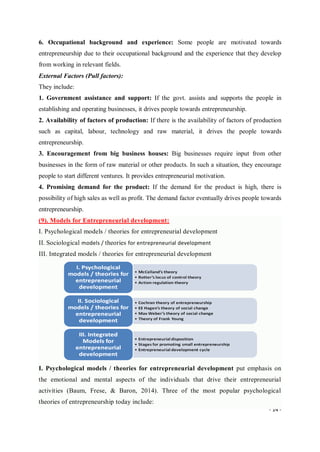 - 14 -
6. Occupational background and experience: Some people are motivated towards
entrepreneurship due to their occupational background and the experience that they develop
from working in relevant fields.
External Factors (Pull factors):
They include:
1. Government assistance and support: If the govt. assists and supports the people in
establishing and operating businesses, it drives people towards entrepreneurship.
2. Availability of factors of production: If there is the availability of factors of production
such as capital, labour, technology and raw material, it drives the people towards
entrepreneurship.
3. Encouragement from big business houses: Big businesses require input from other
businesses in the form of raw material or other products. In such a situation, they encourage
people to start different ventures. It provides entrepreneurial motivation.
4. Promising demand for the product: If the demand for the product is high, there is
possibility of high sales as well as profit. The demand factor eventually drives people towards
entrepreneurship.
(9). Models for Entrepreneurial development:
I. Psychological models / theories for entrepreneurial development
II. Sociological models / theories for entrepreneurial development
III. Integrated models / theories for entrepreneurial development
I. Psychological models / theories for entrepreneurial development put emphasis on
the emotional and mental aspects of the individuals that drive their entrepreneurial
activities (Baum, Frese, & Baron, 2014). Three of the most popular psychological
theories of entrepreneurship today include:
 