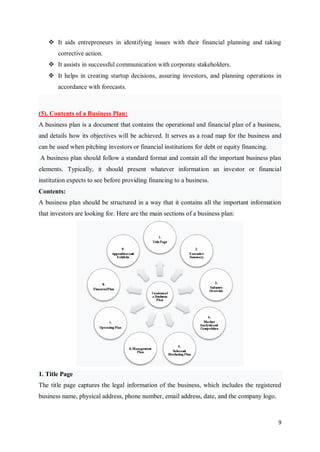 9
 It aids entrepreneurs in identifying issues with their financial planning and taking
corrective action.
 It assists in successful communication with corporate stakeholders.
 It helps in creating startup decisions, assuring investors, and planning operations in
accordance with forecasts.
(5). Contents of a Business Plan:
A business plan is a document that contains the operational and financial plan of a business,
and details how its objectives will be achieved. It serves as a road map for the business and
can be used when pitching investors or financial institutions for debt or equity financing.
A business plan should follow a standard format and contain all the important business plan
elements. Typically, it should present whatever information an investor or financial
institution expects to see before providing financing to a business.
Contents:
A business plan should be structured in a way that it contains all the important information
that investors are looking for. Here are the main sections of a business plan:
1. Title Page
The title page captures the legal information of the business, which includes the registered
business name, physical address, phone number, email address, date, and the company logo.
 