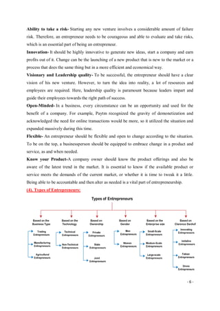 - 6 -
Ability to take a risk- Starting any new venture involves a considerable amount of failure
risk. Therefore, an entrepreneur needs to be courageous and able to evaluate and take risks,
which is an essential part of being an entrepreneur.
Innovation- It should be highly innovative to generate new ideas, start a company and earn
profits out of it. Change can be the launching of a new product that is new to the market or a
process that does the same thing but in a more efficient and economical way.
Visionary and Leadership quality- To be successful, the entrepreneur should have a clear
vision of his new venture. However, to turn the idea into reality, a lot of resources and
employees are required. Here, leadership quality is paramount because leaders impart and
guide their employees towards the right path of success.
Open-Minded- In a business, every circumstance can be an opportunity and used for the
benefit of a company. For example, Paytm recognized the gravity of demonetization and
acknowledged the need for online transactions would be more, so it utilized the situation and
expanded massively during this time.
Flexible- An entrepreneur should be flexible and open to change according to the situation.
To be on the top, a businessperson should be equipped to embrace change in a product and
service, as and when needed.
Know your Product-A company owner should know the product offerings and also be
aware of the latest trend in the market. It is essential to know if the available product or
service meets the demands of the current market, or whether it is time to tweak it a little.
Being able to be accountable and then alter as needed is a vital part of entrepreneurship.
(4). Types of Entrepreneurs:
 