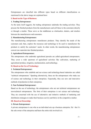 - 7 -
Entrepreneurs are classified into different types based on different classifications as
mentioned in the above image are explained here:
I. Based on the Type of Business:
1. Trading Entrepreneur:
As the name itself suggests, the trading entrepreneur undertake the trading activities. They
procure the finished products from the manufacturers and sell these to the customers directly
or through a retailer. These serve as the middlemen as wholesalers, dealers, and retailers
between the manufacturers and customers.
2. Manufacturing Entrepreneur:
The manufacturing entrepreneurs manufacture products. They identify the needs of the
customers and, then, explore the resources and technology to be used to manufacture the
products to satisfy the customers’ needs. In other words, the manufacturing entrepreneurs
convert raw materials into finished products.
3. Agricultural Entrepreneur:
The entrepreneurs who undertake agricultural pursuits are called agricultural entrepreneurs.
They cover a wide spectrum of agricultural activities like cultivation, marketing of
agricultural produce, irrigation, mechanization, and technology.
II. Based on the Use of Technology:
1. Technical Entrepreneur:
The entrepreneurs who establish and run science and technology-based industries are called
‘technical entrepreneurs.’ Speaking alternatively, these are the entrepreneurs who make use
of science and technology in their enterprises. Expectedly, they use new and innovative
methods of production in their enterprises.
2. Non-Technical Entrepreneur:
Based on the use of technology, the entrepreneurs who are not technical entrepreneurs are
non-technical entrepreneurs. The forte of their enterprises is not science and technology.
They are concerned with the use of alternative and imitative methods of marketing and
distribution strategies to make their business survive and thrive in the competitive market.
III. Based on Ownership:
1. Private Entrepreneur:
A private entrepreneur is one who as an individual sets up a business enterprise. He / she it’s
the sole owner of the enterprise and bears the entire risk involved in it.
 