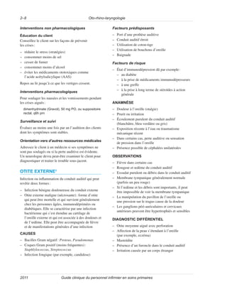 Oto-rhino-laryngologie
2–8
Guide clinique du personnel infirmier en soins primaires
2011
Interventions non pharmacologiques
Éducation du client
Conseillez le client sur les façons de prévenir
les crises:
–
– réduire le stress (stratégies)
–
– consommer moins de sel
–
– cesser de fumer
–
– consommer moins d’alcool
–
– éviter les médicaments ototoxiques comme
l’acide acétylsalicylique (AAS)
Repos au lit jusqu’à ce que les vertiges cessent.
Interventions pharmacologiques
Pour soulager les nausées et les vomissements pendant
les crises aiguës:
dimenhydrinate (Gravol), 50 mg PO, ou suppositoire
rectal, q6h prn
Surveillance et suivi
Évaluez au moins une fois par an l’audition des clients
dont les symptômes sont stables.
Orientation vers d’autres ressources médicales
Adressez le client à un médecin si ses symptômes ne
sont pas soulagés ou si la perte auditive est évidente.
Un neurologue devra peut-être examiner le client pour
diagnostiquer et traiter le trouble sous-jacent.
OTITE EXTERNE6
Infection ou inflammation du conduit auditif qui peut
revêtir deux formes:
–
– Infection bénigne douloureuse du conduit externe
–
– Otite externe maligne (nécrosante): forme d’otite
qui peut être mortelle et qui survient généralement
chez les personnes âgées, immunodéprimées ou
diabétiques. Elle se caractérise par une infection
bactérienne qui s’est étendue au cartilage de
l’oreille externe et qui est associée à des douleurs et
de l’œdème. Elle peut être accompagnée de fièvre
et de manifestations générales d’une infection
CAUSES
–
– Bacilles Gram négatif: Proteus, Pseudomonas
–
– Coques Gram positif (moins fréquentes):
Staphlylococcus, Streptococcus
–
– Infection fongique (par exemple, candidose)
Facteurs prédisposants
–
– Port d’une prothèse auditive
–
– Conduit auditif étroit
–
– Utilisation de coton-tige
–
– Utilisation de bouchons d’oreille
–
– Baignade
Facteurs de risque
–
– État d’immunodépression dû par exemple:
–
– au diabète
–
– à la prise de médicaments immunodépresseurs
–
– à une greffe
–
– à la prise à long terme de stéroïdes à action
générale
ANAMNÈSE
–
– Douleur à l’oreille (otalgie)
–
– Prurit ou irritation
–
– Écoulement purulent du conduit auditif
(blanchâtre, bleu verdâtre ou gris)
–
– Exposition récente à l’eau ou traumatisme
mécanique récent
–
– Dans certains cas, perte auditive ou sensation
de pression dans l’oreille
–
– Présence possible de céphalées unilatérales
OBSERVATIONS
–
– Fièvre dans certains cas
–
– Rougeur et œdème du conduit auditif
–
– Exsudat purulent ou débris dans le conduit auditif
–
– Membrane tympanique généralement normale
(parfois un peu rouge)
–
– Si l’œdème et les débris sont importants, il peut
être impossible de voir la membrane tympanique
–
– La manipulation du pavillon de l’oreille ou
une pression sur le tragus cause de la douleur
–
– Les ganglions péri-auriculaires et cervicaux
antérieurs peuvent être hypertrophiés et sensibles
DIAGNOSTIC DIFFÉRENTIEL
–
– Otite moyenne aiguë avec perforation
–
– Affection de la peau s’étendant à l’oreille
(par exemple, eczéma)
–
– Mastoïdite
–
– Présence d’un furoncle dans le conduit auditif
–
– Irritation causée par un corps étranger
 