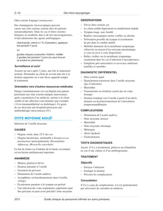 Oto-rhino-laryngologie
2–10
Guide clinique du personnel infirmier en soins primaires
2011
Otite externe fongique (otomycose):
Des champignons microscopiques peuvent
causer une otite externe, surtout chez les patients
immunodéprimés. Dans les cas d’otites externes
bénignes ou modérées dues à de tels microorganismes,
il faut administrer des agents antifongiques:
clotrimazole, crème à 1% (Canesten), appliquer
bid pendant 7 jours
ou
gouttes otiques Locacorten Vioform, instiller
2 gouttes bid pendant 7 jours (on peut trouver
ce produit en pharmacie)
Surveillance et suivi
Assurez un suivi après 7 jours, une fois le traitement
terminé. Demandez au client de revenir plus tôt si la
douleur augmente ou si une fièvre apparaît malgré
le traitement.
Orientation vers d’autres ressources médicales
Dirigez immédiatement vers un hôpital tout patient
présentant une otite externe maligne (nécrosante),
après consultation d’un médecin, surtout si le client
souffre d’une affection concomitante (par exemple,
s’il est immunodéprimé ou diabétique). Ce genre
de cas nécessite une hospitalisation pour une
antibiothérapie intraveineuse (IV).
OTITE MOYENNE AIGUË8
Infection de l’oreille moyenne.
CAUSES
–
– Origine virale, dans 25% des cas
–
– Origine bactérienne, attribuable à Streptococcus
pneumoniae (principalement), Haemophilus
influenzae, Moraxella catarrhalis
Le fait de fumer ou d’inhaler de la fumée secondaire
est un facteur prédisposant important.
ANAMNÈSE
–
– Malaise général et fièvre
–
– Douleur pulsatile à l’oreille
–
– Sensation de pression
–
– Diminution de l’acuité auditive
–
– Acouphènes ou bourdonnements dans l’oreille,
vertiges
–
– Écoulement purulent si le tympan est perforé
–
– Une infection des voies respiratoires supérieures peut
être présente ou peut avoir précédé l’otite moyenne
OBSERVATIONS
–
– Fièvre dans certains cas
–
– Le client semble légèrement ou modérément malade
–
– Tympan rouge, mat, bombé
–
– Repères otoscopiques moins visibles ou absents
–
– Perforation possible du tympan et écoulement
de pus dans le conduit auditif
–
– Mobilité diminuée de la membrane tympanique
(observée au moyen d’un otoscope pneumatique,
si vous en avez à votre disposition)
–
– Bulles visibles sur la membrane tympanique
(seulement dans les cas d’infection à mycoplasmes)
–
– Ganglions péri-auriculaires et cervicaux antérieurs
tuméfiés et sensibles
DIAGNOSTIC DIFFÉRENTIEL
–
– Otite externe aiguë
–
– Épanchement transitoire dans l’oreille moyenne
(pas d’infection)
–
– Mastoïdite
–
– Traumatisme ou irritation causée par un corps
étranger
–
– Douleur irradiant vers l’oreille à partir d’un abcès
dentaire ou dysfonctionnement de l’articulation
temporomandibulaire
COMPLICATIONS
–
– Diminution de l’acuité auditive
–
– Otite moyenne séreuse
–
– Mastoïdite
–
– Otite moyenne chronique
–
– Méningite
–
– Abcès épidural
–
– Cholestéatome
TESTS DIAGNOSTIQUES
Aucun. S’il y a écoulement, prélevez un échantillon
en vue d’une culture et d’un antibiogramme.
TRAITEMENT
Objectifs
–
– Enrayer l’infection
–
– Soulager la douleur
–
– Prévenir les complications
Consultation
S’il n’y a pas de complications, il n’est généralement
pas nécessaire de consulter un médecin.
 