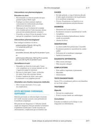 Oto-rhino-laryngologie 2–11
Guide clinique du personnel infirmier en soins primaires 2011
Interventions non pharmacologiques
Éducation du client
–
– Recommandez au client de prendre du repos
pendant la phase fébrile aiguë
–
– Expliquez au client comment employer
correctement les médicaments (posologie,
adhésion au traitement, suivi)
–
– Renseignez-le sur l’évolution de la maladie
et les résultats prévus (l’otite moyenne séreuse
peut persister pendant plusieurs semaines)
–
– Conseillez au client d’éviter de prendre l’avion
tant que les symptômes n’auront pas disparu
Interventions pharmacologiques7
Pour soulager la douleur et la fièvre:
acétaminophène (Tylenol), 325 mg PO,
1–2 comprimés q4-6h prn
Antibiothérapie:
amoxicilline (Amoxil), 500 mg PO tid pendant 7 jours
ou
azithromycine (Zithromax), 500 mg PO, le premier
jour, puis 250 mg PO od pendant 4 jours
Surveillance et suivi
–
– Demandez au client de revenir après 3 jours
si les symptômes ne se sont pas atténués ou s’ils
s’aggravent malgré le traitement
–
– Revoyez le client après 7 jours: recherchez
les signes d’une otite moyenne séreuse
–
– Évaluez l’audition du client 1 mois après
le traitement si un symptôme persiste
Orientation vers d’autres ressources médicales
–
– Elle n’est pas nécessaire s’il n’y a pas
de complications
OTITE MOYENNE CHRONIQUE,
SUPPURÉE9
Infection persistante ou infection légère récurrente
de l’oreille moyenne associée à une perforation de
la membrane tympanique.
Elle peut devenir dangereuse si l’affection initiale
simple des muqueuses finit par entraîner la formation
d’épithélium stratifié dans l’oreille moyenne (un
cholestéatome), complication qui est toutefois rare.
CAUSES
–
– En règle générale, ce type d’infection découle
d’otites aiguës récurrentes et de la perforation
de la membrane tympanique
–
– Proteus, Pseudomonas ou Staphylococcus
(infection généralement polymicrobienne)
ANAMNÈSE
–
– Diminution de l’acuité auditive
–
– Écoulement constant et nauséabond de l’oreille
–
– Acouphènes
–
– Absence de douleur habituellement, douleur
sourde occasionnelle
–
– Absence de fièvre
OBSERVATIONS
–
– Le client semble bien portant dans l’ensemble
–
– Écoulement purulent et nauséabond du conduit
auditif
–
– Perforation de la membrane tympanique
–
– Surdité de transmission
DIAGNOSTIC DIFFÉRENTIEL
–
– Otite externe chronique
–
– Otite moyenne subaiguë
COMPLICATIONS
–
– Perte auditive importante et permanente
–
– Mastoïdite
–
– Cholestéatome
TESTS DIAGNOSTIQUES
Aucun. S’il y a écoulement, prélevez un échantillon
en vue d’une culture.
TRAITEMENT
Objectifs
–
– Prévenir les complications
–
– Éviter le recours inutile aux antibiotiques
Consultation
Consultez un médecin sur-le-champ si vous
soupçonnez un cholestéatome.
 