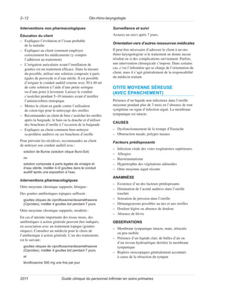 Oto-rhino-laryngologie
2–12
Guide clinique du personnel infirmier en soins primaires
2011
Interventions non pharmacologiques
Éducation du client
–
– Expliquez l’évolution et l’issue probable
de la maladie
–
– Expliquez au client comment employer
correctement les médicaments (y compris
l’adhésion au traitement)
–
– L’irrigation auriculaire avant l’instillation de
gouttes est un traitement efficace. Dans la mesure
du possible, utiliser une solution composée à parts
égales de peroxyde et d’eau stérile. Il est possible
d’irriguer le conduit auditif externe avec 30 à 40 ml
de cette solution à l’aide d’une petite seringue
ou d’une poire à lavement. Laissez le conduit
s’assécher pendant 5–10 minutes avant d’instiller
l’antimicrobien ototopique
–
– Mettez le client en garde contre l’utilisation
de coton-tige pour le nettoyage des oreilles
–
– Recommandez au client de bien s’assécher les oreilles
après la baignade, le bain ou la douche et d’utiliser
des bouchons d’oreille à l’occasion de la baignade
–
– Expliquez au client comment bien nettoyer
sa prothèse auditive ou ses bouchons d’oreille
Pour prévenir les récidives, recommandez au client
de nettoyer son conduit auditif avec:
solution de Burow (solution otique Buro-Sol)
ou
solution composée à parts égales de vinaigre et
d’eau stérile, instiller 4–6 gouttes dans le conduit
auditif après une exposition à l’eau
Interventions pharmacologiques
Otite moyenne chronique suppurée, bénigne:
Des gouttes antibiotiques topiques suffisent:
gouttes otiques de ciprofloxacine/dexaméthasone
(Ciprodex), instiller 4 gouttes bid pendant 7 jours
Otite moyenne chronique suppurée, modérée:
En cas d’atteinte importante des tissus mous, des
antibiotiques à action générale peuvent être indiqués,
en association avec un traitement topique (gouttes
otiques). Consultez un médecin pour le choix de
l’antibiotique à action générale. L’un des traitements
est le suivant:
gouttes otiques de ciprofloxacine/dexaméthasone
(Ciprodex), instiller 4 gouttes bid pendant 7 jours
et
lévofloxacine 500 mg une fois par jour
Surveillance et suivi
Assurez un suivi après 7 jours.
Orientation vers d’autres ressources médicales
Il peut être nécessaire d’adresser le client à un oto-
rhino-laryngologiste si le traitement ne donne aucun
résultat ou si des complications surviennent. Parfois,
une intervention chirurgicale s’impose. Dans certains
cas, c’est l’infirmière qui se charge de l’orientation du
client, mais il s’agit généralement de la responsabilité
du médecin traitant.
OTITE MOYENNE SÉREUSE
(AVEC ÉPANCHEMENT)
Présence d’un liquide non infectieux dans l’oreille
moyenne pendant plus de 3 mois en l’absence de tout
symptôme ou signe d’infection aiguë. La membrane
tympanique est intacte.
CAUSES
–
– Dysfonctionnement de la trompe d’Eustache
–
– Obstruction nasale, polypes nasaux
Facteurs prédisposants
–
– Infection virale des voies respiratoires supérieures
–
– Allergies
–
– Barotraumatisme
–
– Hypertrophie des végétations adénoïdes
–
– Otite moyenne aiguë récente
ANAMNÈSE
–
– Existence d’un des facteurs prédisposants
–
– Diminution de l’acuité auditive dans l’oreille
touchée
–
– Sensation de pression dans l’oreille
–
– Démangeaisons possibles au nez et aux oreilles
–
– Douleur légère ou absence de douleur
–
– Absence de fièvre
OBSERVATIONS
–
– Membrane tympanique intacte, mate, rétractée
ou peu mobile
–
– Présence d’un liquide clair, de bulles d’air ou
d’un niveau hydroaérique derrière la membrane
tympanique
–
– Repères otoscopiques généralement accentués
à cause de la rétraction du tympan
 