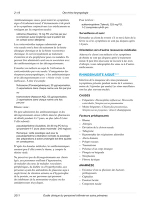 Oto-rhino-laryngologie
2–16
Guide clinique du personnel infirmier en soins primaires
2011
Antihistaminiques oraux, pour traiter les symptômes
aigus d’écoulement nasal, d’éternuements et de prurit
et les symptômes conjonctivaux (ces médicaments ne
soulagent pas la congestion nasale):
cétirizine (Reactine), 10 mg PO une fois par jour
(à employer aussi longtemps que le patient est
en contact avec l’allergène)
Les corticostéroïdes topiques administrés par
voie nasale sont la base du traitement de la rhinite
allergique chronique et de la rhinite vasomotrice
chronique; ils servent également au traitement
d’entretien et à la prophylaxie pour ces maladies. Ils
peuvent être administrés seuls ou en association avec
des antihistaminiques et des décongestionnants.
Consultez un médecin au sujet de l’utilisation de
corticostéroïdes par voie nasale / d’antagonistes des
récepteurs parasympathiques, si les antihistaminiques
et les décongestionnants (voir «rhinite virale») sont
inefficaces. À titre d’exemple:
fluticasone (Flonase/générique), 50 µg/vaporisation,
2 vaporisations dans chaque narine une fois par jour
ou
triamcinolone (Nasacort AQ), 55 µg/vaporisation,
2 vaporisations dans chaque narine une fois
par jour
Rhinite virale:
On peut administrer des antihistaminiques et des
décongestionnants oraux (offerts dans les pharmacies
de détail) pendant 4 à 7 jours, au plus (afin d’éviter
l’effet rebond):
pseudoéphédrine (Sudafed), 30–60 mg PO tid ou
qid pendant 4–7 jours (dose maximale: 240 mg/jour)
Remarque: cette posologie vaut pour la
pseudoéphédrine à libération normale; la posologie
des préparations à action prolongée doit être ajustée
en conséquence.
D’après les données médicales, les antihistaminiques
auraient peu d’effet contre le rhume, y compris la
rhinite virale.
Ne prescrivez pas de décongestionnants aux clients
âgés, aux personnes souffrant d’hypertension,
de maladies du cœur, de maladies vasculaires
périphériques, de diabète ou d’hyperthyroïdie, aux
personnes ayant des antécédents de glaucome aigu à
angle fermé, de rétention urinaire ou d’hypertrophie
de la prostate, ou aux personnes qui prennent
des inhibiteurs de la monoamine-oxydase ou des
antidépresseurs tricycliques.
Pour la fièvre:
acétaminophène (Tylenol), 325 mg PO,
1–2 comprimés q4-6h prn
Surveillance et suivi
Demandez au client de revenir s’il se met à faire de la
fièvre ou si les symptômes ne sont pas disparus après
14 jours.
Orientation vers d’autres ressources médicales
Adressez le client à un médecin si les symptômes
de rhinite ne sont pas disparus après le traitement
initial. Il peut être nécessaire de recourir à des tests
d’allergie, à une radiographie des sinus ou à d’autres
médicaments.
RHINOSINUSITE AIGUË10,11
Infection de la muqueuse des sinus paranasaux
(symptômes présents pendant moins de 4 semaines;
moins de 3 épisodes par année) Les sinus maxillaires
sont les plus souvent touchés.
CAUSES
–
– Fréquentes: Haemophilus influenzae, Moraxella
catarrhalis, Streptococcus pneumoniae
–
– Moins fréquentes: Chlamydia pneumoniae,
Streptococcus pyogenes, virus et champignons
Facteurs prédisposants
–
– Rhume
–
– Allergies
–
– Déviation de la cloison nasale
–
– Tabagisme
–
– Hypertrophie des végétations adénoïdes
–
– Abcès dentaire
–
– Polypes nasaux
–
– Traumatisme
–
– Présence d’un corps étranger
–
– Plongée ou baignade
–
– Néoplasmes
–
– Fibrose kystique
ANAMNÈSE
–
– Existence d’un ou plusieurs des facteurs
prédisposants
–
– Céphalées
–
– Douleur faciale
–
– Congestion nasale
 