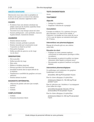 Oto-rhino-laryngologie
2–26
Guide clinique du personnel infirmier en soins primaires
2011
ABCÈS DENTAIRE
Infection des tissus mous situés en périphérie de
la dent ou de la gencive en raison d’une infection
de la dent ou des structures supportant la dent.
CAUSES
–
– Évolution d’une carie dentaire entraînant une
pulpite causée par des bactéries anaérobies Gram
positif et des bactéroïdes
–
– Tassement d’un corps étranger autour de la dent
–
– Facteurs prédisposants: caries profondes, mauvaise
hygiène dentaire, traumatisme dentaire
ANAMNÈSE
–
– Douleur dentaire localisée
–
– Douleur constante, profonde et pulsatile
–
– Douleur intensifiée par la mastication ou par
l’exposition au chaud ou au froid
–
– Dent parfois branlante
–
– Enflure possible des gencives ou du visage
(ou des deux)
OBSERVATIONS
–
– Fièvre possible
–
– Enflure possible du visage
–
– Dent cariée
–
– Œdème et érythème gingivaux
–
– Présence possible d’une dent branlante
–
– Sensibilité localisée dans la région affectée de
la mâchoire
–
– Tuméfaction et sensibilité des ganglions cervicaux
antérieurs
–
– Douleur dentaire localisée
DIAGNOSTIC DIFFÉRENTIEL
–
– Affection des glandes salivaires (par exemple,
oreillons)
–
– Sinusite
–
– Cellulite
COMPLICATIONS
–
– Cellulite
–
– Formation récurrente d’abcès
TESTS DIAGNOSTIQUES
Aucun.
TRAITEMENT
Objectifs
–
– Soulager les symptômes
–
– Empêcher l’infection de se propager
Consultation
Consultez un médecin s’il y a présence d’un gros
abcès fluctuant, si le client est très malade, si
l’infection s’est étendue aux tissus mous du cou ou
s’il n’y a pas de réponse au traitement initial après
48–72 heures.
Interventions non pharmacologiques
Rinçage de la bouche qid avec une solution
saline tiède.
Éducation du client
–
– Expliquez au client comment employer
correctement ses médicaments (posologie et effets
secondaires)
–
– Recommandez au patient de modifier son régime
alimentaire (diète liquide ou aliments mous)
–
– Recommandez au patient d’améliorer son hygiène
dentaire
Interventions pharmacologiques
Un antibiotique oral (seulement si les ganglions
lymphatiques sont atteints):
amoxicilline, 500 mg PO tid pendant 10 jours
Pour les clients allergiques à la pénicilline:
clindamycine (Dalacin C), 150–300 mg PO qid
pendant 7 jours
Pour les infections qui s’étendent et s’accompagnent
d’une enflure du visage:
amoxicilline/clavulanate (Clavulin), 875 mg
(d’amoxicilline) PO bid pendant 10 jours
Pour les clients allergiques à la pénicilline:
clindamycine (Dalacin C), 300 mg PO qid pendant
7 jours
 