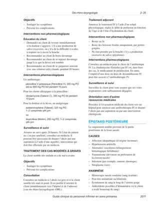 Oto-rhino-laryngologie 2–35
Guide clinique du personnel infirmier en soins primaires 2011
Objectifs
–
– Soulager les symptômes
–
– Prévenir les complications
Interventions non pharmacologiques
Éducation du client
–
– Demandez au client de revenir immédiatement
si la douleur s’aggrave, s’il a une production de
salive excessive, ou s’il a de la difficulté à avaler,
à respirer ou à ouvrir la bouche
–
– Recommandez au client de boire davantage
–
– Recommandez au client de se reposer davantage
jusqu’à ce que la fièvre soit tombée
–
– Recommandez au client de se gargariser souvent
avec une solution salée chaude, pendant 48 heures
Interventions pharmacologiques
Un antibiotique:
pénicilline V potassique (Pénicilline V), 300 mg PO
qid ou 600 mg PO bid pendant 10 jours
Pour les clients allergiques à la pénicilline:
clindamycine (Dalacin C), 300 mg PO tid pendant
10 jours
Pour la douleur et la fièvre, un analgésique:
acétaminophène (Tylenol), 325 mg PO,
1–2 comprimés q4h prn
ou
ibuprofène (Motrin), 200 mg PO, 1–2 comprimés
q4h prn
Surveillance et suivi
Assurez un suivi après 24 heures. Si l’état du patient
ne s’est pas amélioré, consultez un médecin. Il
pourrait être nécessaire de drainer l’abcès par une
aspiration (à l’aide d’une aiguille), intervention qui
doit être effectuée par un médecin.
TRAITEMENT DES CAS MODÉRÉS À GRAVES
Le client semble très malade et a du mal à avaler.
Objectifs
–
– Soulager les symptômes
–
– Prévenir les complications
Consultation
Consultez un médecin si l’abcès est gros et si le client
semble très mal en point. Il est justifié d’orienter le
client immédiatement vers l’hôpital et de l’adresser
à un oto-rhino-laryngologiste (ORL).
Traitement adjuvant
Amorcez le traitement IV à l’aide d’un soluté
physiologique; réglez le débit de perfusion en fonction
de l’âge et de l’état d’hydratation du client.
Interventions non pharmacologiques
–
– Rester au lit
–
– Boire des boissons froides uniquement, par petites
gorgées
–
– Ne rien prendre par la bouche s’il y a production
excessive de salive (ptyalisme)
Interventions pharmacologiques
Consultez un médecin pour le choix de l’antibiotique
IV. La clindamycine (Daladin) par IV est, dans bien
des cas, le médicament de prédilection. En outre,
l’emploi d’une dose ou deux de dexaméthasone IV
peut être associé à l’antibiothérapie IV.
Surveillance et suivi
Surveillez le client pour vous assurer que ses voies
respiratoires sont suffisamment dégagées.
Orientation vers d’autres
ressources médicales
Procédez à l’évacuation médicale du client vers un
hôpital pour amorcer une antibiothérapie IV et drainer
l’abcès par une aspiration ou par une intervention
chirurgicale.
ÉPISTAXIS POSTÉRIEURE
Le saignement semble provenir de la partie
postérieure de la fosse nasale.
CAUSES
–
– Affection idiopathique (d’origine inconnue)
–
– Hypertension artérielle
–
– Anomalies vasculaires (télangiectasie
hémorragique héréditaire)
–
– Traumatisme (déviation ou perforation de
la cloison nasale)
–
– Infection (par exemple, sinusite chronique)
–
– Néoplasme (rare)
ANAMNÈSE
–
– Hémorragie nasale soudaine (sang écarlate)
–
– Peut être unilatérale ou bilatérale
–
– Écoulement de sang le long de l’arrière-gorge
–
– Antécédents possibles d’hématémèse (si le client
a avalé beaucoup de sang)
 