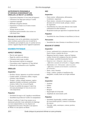 Oto-rhino-laryngologie
2–2
Guide clinique du personnel infirmier en soins primaires
2011
ANTÉCÉDENTS PERSONNELS
ET SOCIAUX (CONCERNANT LES
OREILLES, LE NEZ ET LA GORGE)
–
– Expositions fréquentes à l’eau (otite du baigneur)
–
– Utilisation d’un objet pour nettoyer l’oreille
–
– Logement surpeuplé
–
– Habitudes d’hygiène dentaire
–
– Exposition à la fumée ou à d’autres toxines
respiratoires
–
– Voyage récent en avion
–
– Exposition professionnelle à des toxines ou
à des bruits forts
REVUE DES SYSTÈMES
Renseignez-vous sur les antécédents concernant les
autres systèmes ayant un lien avec le motif de la
consultation, par exemple les yeux, le système nerveux
central, l’appareil digestif et/ou l’appareil respiratoire.
EXAMEN PHYSIQUE
ASPECT GÉNÉRAL
–
– État de santé apparent
–
– Degré de confort ou de détresse
–
– Coloration (teint rouge ou pâle)
–
– État nutritionnel (obésité ou maigreur)
–
– Concordance entre l’apparence et l’âge déclaré
–
– Difficulté de la démarche ou de l’équilibre
OREILLES
Inspection
–
– Pavillon: lésions, apparence ou position anormale
–
– Conduit auditif: écoulement, enflure, rougeur,
cérumen, corps étrangers
–
– Tympan: couleur, triangle lumineux, repères,
apparence bombée ou enfoncée, perforation,
cicatrice, bulles d’air, niveau de liquide
–
– Évaluez la mobilité du tympan à l’aide d’un
otoscope pneumatique (si vous en avez un à
votre disposition)
Palpation
–
– Sensibilité du tragus et de l’apophyse mastoïdienne
–
– Sensibilité du pavillon de l’oreille à la manipulation
Évaluez l’audition à l’aide d’une montre ou en
murmurant; procédez à une audiométrie de dépistage
ou à une tympanométrie (si vous disposez de
l’équipement nécessaire). Procédez à une épreuve
de Weber et à une épreuve de Rinne.
NEZ
Inspection
–
– Partie externe: inflammation, déformation,
écoulement, saignement
–
– Partie interne: coloration de la muqueuse, œdème,
déviation de la cloison nasale, polypes, sources
de saignement
–
– Transilluminez les sinus pour détecter toute matité
(atténuation du reflet lumineux)
–
– Respiration nasale par opposition à respiration buccale
Palpation
–
– Sensibilité des sinus (frontaux et maxillaires) et du nez
Percussion
–
– Sensibilité des sinus (frontaux et maxillaires) et du nez
BOUCHE ET GORGE
Inspection
–
– Lèvres: uniformité de la coloration (rose pâle à rose
foncé), lésions, symétrie des lèvres
–
– Muqueuse buccale et langue: odeur de l’haleine;
couleur; lésions de la muqueuse buccale, du palais,
de la langue; sensibilité du plancher buccal
–
– Gencives (voir «Gingivite» dans la section
«Affections courantes de la bouche»): rougeur, enflure
–
– Xérostomie (voir «Xérostomie» dans la section
«Affections courantes de la bouche») (sécheresse
de la bouche)
–
– Dents: caries, fractures
–
– Gorge: couleur, symétrie et tuméfaction des
amygdales, exsudat, luette sur la ligne médiane
COU
Inspection
–
– Symétrie
–
– Enflure
–
– Masses
–
– Rougeur
–
– Hypertrophie de la thyroïde
–
– Amplitude des mouvements actifs
Palpation
–
– Sensibilité, hypertrophie, mobilité (amplitude
des mouvements passifs), contour et consistance
des masses
–
– Thyroïde: taille, consistance, contour, position,
sensibilité
 