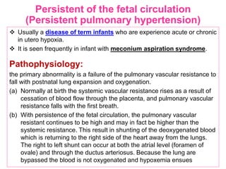 Persistent of the fetal circulation
(Persistent pulmonary hypertension)
 Usually a disease of term infants who are experience acute or chronic
in utero hypoxia.
 It is seen frequently in infant with meconium aspiration syndrome.
Pathophysiology:
the primary abnormality is a failure of the pulmonary vascular resistance to
fall with postnatal lung expansion and oxygenation.
(a) Normally at birth the systemic vascular resistance rises as a result of
cessation of blood flow through the placenta, and pulmonary vascular
resistance falls with the first breath.
(b) With persistence of the fetal circulation, the pulmonary vascular
resistant continues to be high and may in fact be higher than the
systemic resistance. This result in shunting of the deoxygenated blood
which is returning to the right side of the heart away from the lungs.
The right to left shunt can occur at both the atrial level (foramen of
ovale) and through the ductus arteriosus. Because the lung are
bypassed the blood is not oxygenated and hypoxemia ensues
 