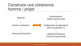 Construire une cohérence
homme / projet
Environnement
Facteurs clé de succès

Potentiel

Passion / motivation

Ressources financières

Configuration et organisation
(seul ou à plusieurs ?)
Objectifs d’entreprise
À court et moyen terme

ENT01 - ADÉQUATION HOMME - PROJET

10

 