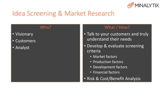 Idea Screening & Market Research 
Who? 
• Visionary 
• Customers 
• Analyst 
What / How? 
• Talk to your customers and truly 
understand their needs 
• Develop & evaluate screening 
criteria 
• Market factors 
• Production factors 
• Development factors 
• Financial factors 
• Risk & Cost/Benefit Analysis 
 