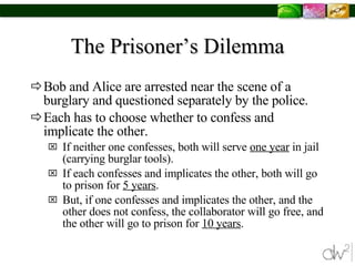 The Prisoner’s Dilemma Bob and Alice are arrested near the scene of a burglary and questioned separately by the police.  Each has to choose whether to confess and implicate the other.  If neither one confesses, both will serve  one year  in jail (carrying burglar tools).  If each confesses and implicates the other, both will go to prison for  5 years .  But, if one confesses and implicates the other, and the other does not confess, the collaborator will go free, and the other will go to prison for  10 years . 