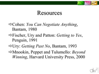 Resources Cohen:  You Can Negotiate Anything , Bantam, 1980 Fischer, Ury and Patton:  Getting to Yes , Penguin, 1991 Ury:  Getting Past No , Bantam, 1993 Mnookin, Peppet and Tulumello:  Beyond Winning , Harvard University Press, 2000 
