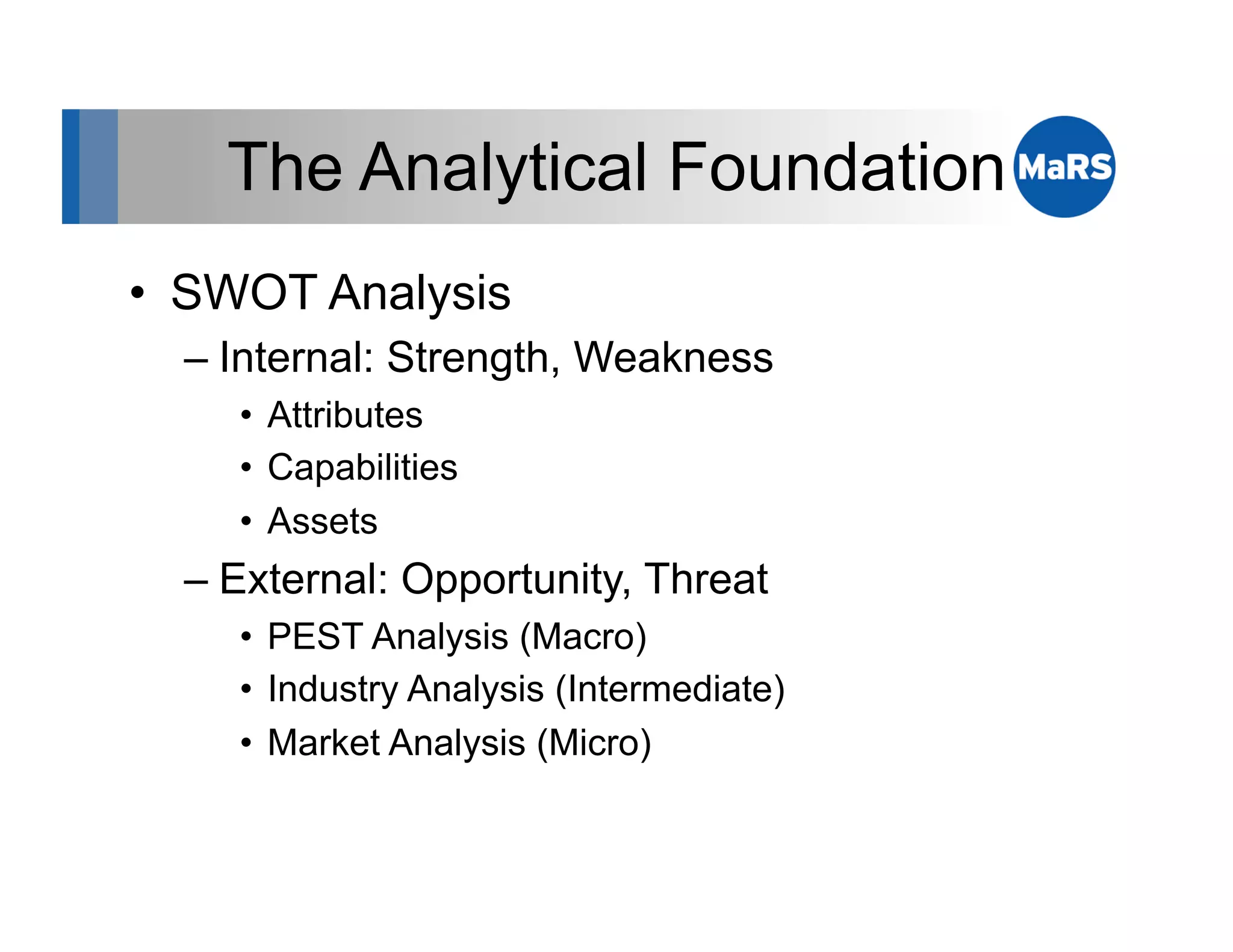 The Analytical Foundation
•  SWOT Analysis
  –  Internal: Strength, Weakness
     •  Attributes
     •  Capabilities
     •  Assets
  –  External: Opportunity, Threat
     •  PEST Analysis (Macro)
     •  Industry Analysis (Intermediate)
     •  Market Analysis (Micro)
 