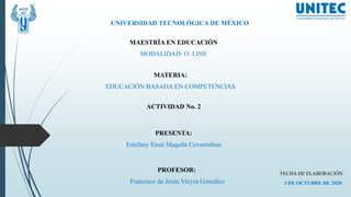 UNIVERSIDAD TECNOLÓGICA DE MÉXICO
MAESTRÍA EN EDUCACIÓN
MODALIDAD: O. LINE
MATERIA:
EDUCACIÓN BASADA EN COMPETENCIAS
ACTIVIDAD No. 2
PRESENTA:
Estefany Enoé Magaña Covarrubias
PROFESOR:
Francisco de Jesús Vieyra González
FECHA DE ELABORACIÓN
3 DE OCTUBRE DE 2020
 