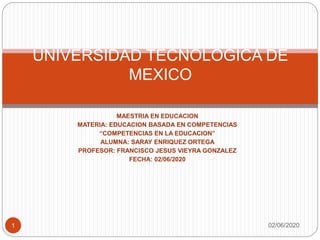 MAESTRIA EN EDUCACION
MATERIA: EDUCACION BASADA EN COMPETENCIAS
“COMPETENCIAS EN LA EDUCACION”
ALUMNA: SARAY ENRIQUEZ ORTEGA
PROFESOR: FRANCISCO JESUS VIEYRA GONZALEZ
FECHA: 02/06/2020
UNIVERSIDAD TECNOLOGICA DE
MEXICO
02/06/20201
 