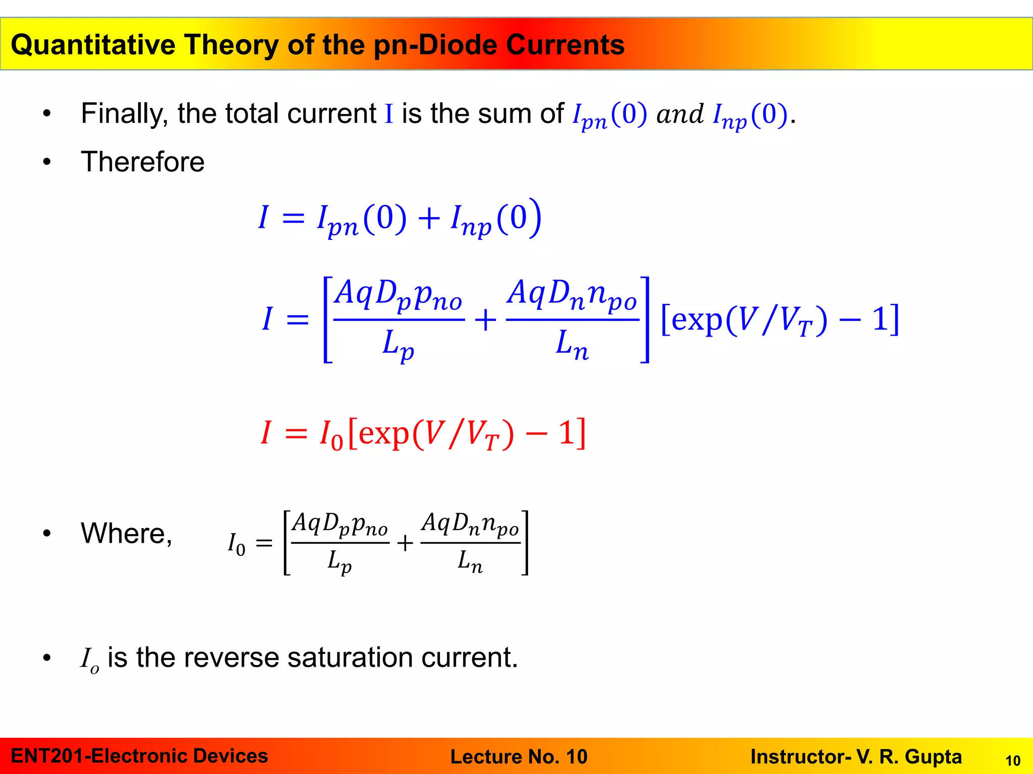 10ENT201-Electronic Devices Instructor- V. R. GuptaLecture No. 10
• Finally, the total current I is the sum of 𝐼 𝑝𝑛 0 𝑎𝑛𝑑 𝐼 𝑛𝑝(0).
• Therefore
• Where,
• Io is the reverse saturation current.
Quantitative Theory of the pn-Diode Currents
൯𝐼 = 𝐼 𝑝𝑛(0) + 𝐼 𝑛𝑝(0
𝐼 =
𝐴𝑞𝐷 𝑝 𝑝 𝑛𝑜
𝐿 𝑝
+
𝐴𝑞𝐷 𝑛 𝑛 𝑝𝑜
𝐿 𝑛
exp( Τ𝑉 𝑉𝑇) − 1
𝐼 = 𝐼0 exp( Τ𝑉 𝑉𝑇) − 1
𝐼0 =
𝐴𝑞𝐷 𝑝 𝑝 𝑛𝑜
𝐿 𝑝
+
𝐴𝑞𝐷 𝑛 𝑛 𝑝𝑜
𝐿 𝑛
 