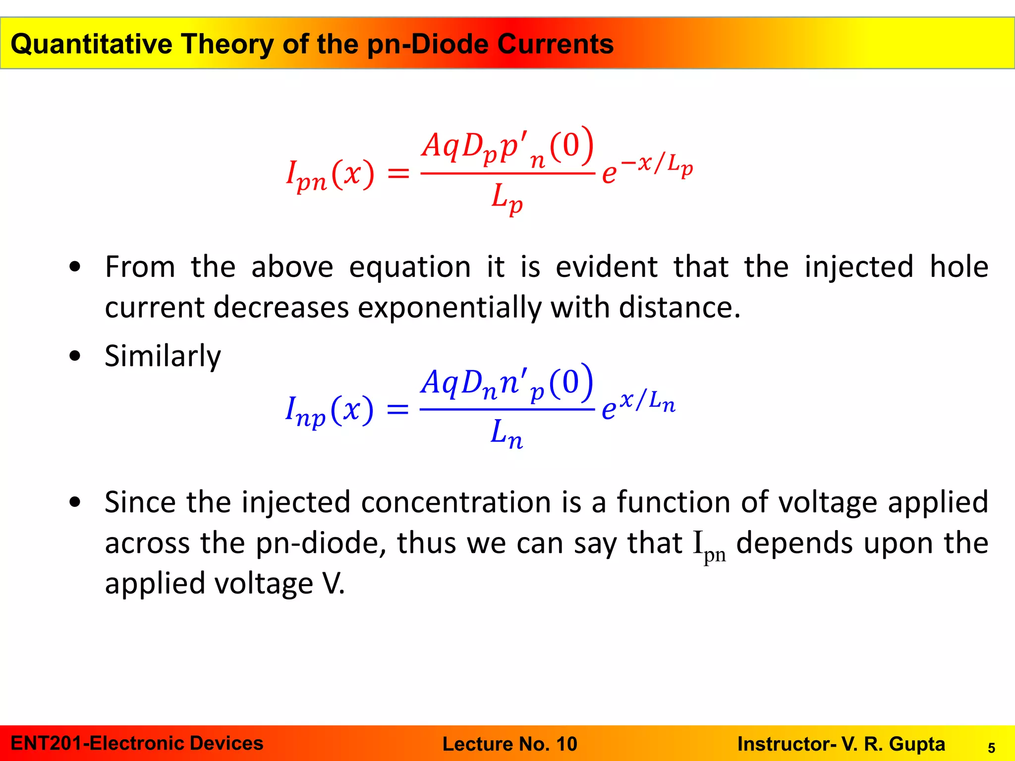 5ENT201-Electronic Devices Instructor- V. R. GuptaLecture No. 10
Quantitative Theory of the pn-Diode Currents
𝐼 𝑝𝑛(𝑥) =
൯𝐴𝑞𝐷 𝑝 𝑝′
𝑛
(0
𝐿 𝑝
𝑒− Τ𝑥 𝐿 𝑝
• From the above equation it is evident that the injected hole
current decreases exponentially with distance.
• Similarly
• Since the injected concentration is a function of voltage applied
across the pn-diode, thus we can say that Ipn depends upon the
applied voltage V.
𝐼 𝑛𝑝(𝑥) =
൯𝐴𝑞𝐷 𝑛 𝑛′
𝑝(0
𝐿 𝑛
𝑒 Τ𝑥 𝐿 𝑛
 