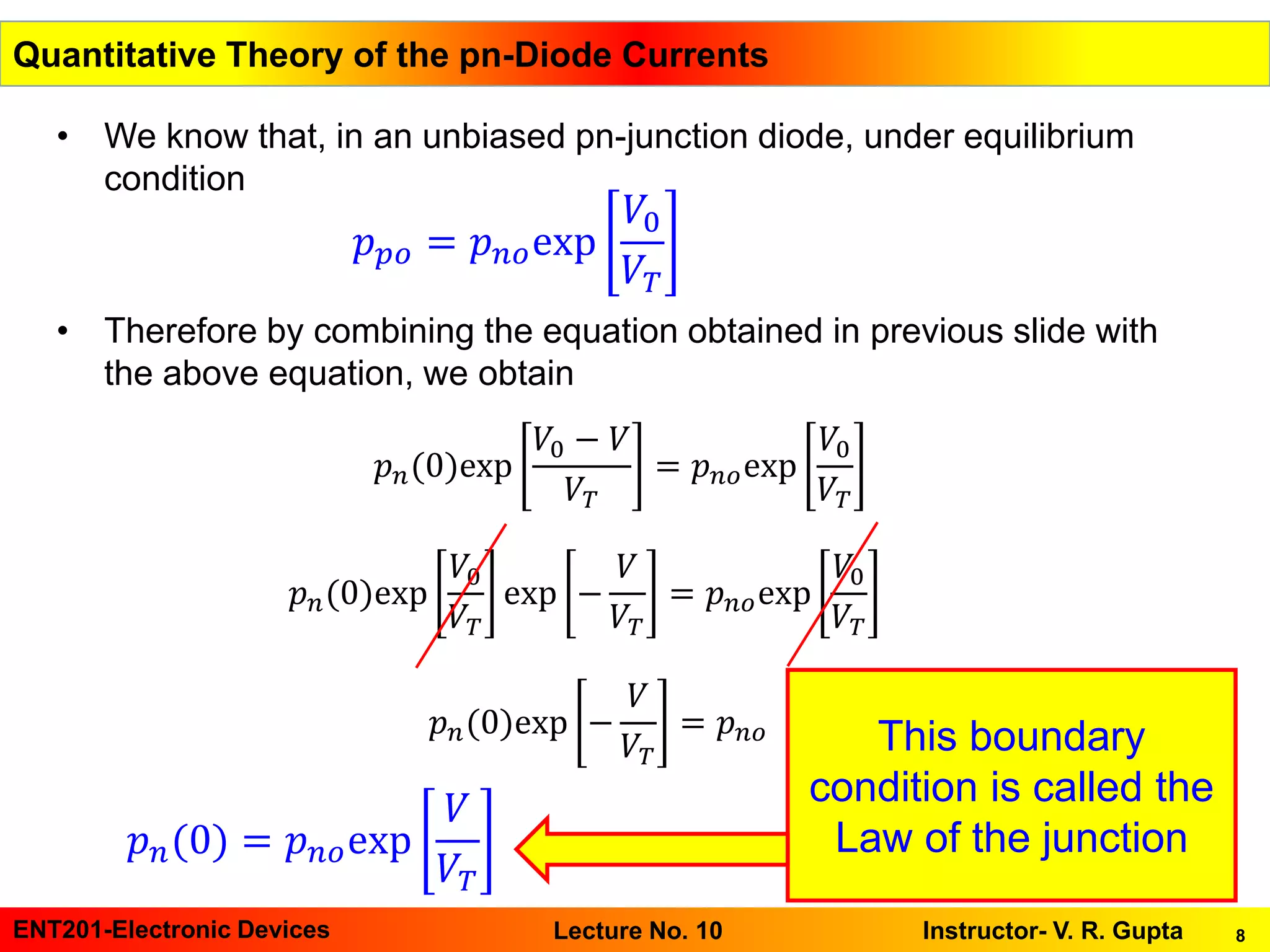 8ENT201-Electronic Devices Instructor- V. R. GuptaLecture No. 10
Quantitative Theory of the pn-Diode Currents
• We know that, in an unbiased pn-junction diode, under equilibrium
condition
• Therefore by combining the equation obtained in previous slide with
the above equation, we obtain
𝑝 𝑝𝑜 = 𝑝 𝑛𝑜exp
𝑉0
𝑉𝑇
𝑝 𝑛(0)exp
𝑉0 − 𝑉
𝑉𝑇
= 𝑝 𝑛𝑜exp
𝑉0
𝑉𝑇
𝑝 𝑛(0)exp
𝑉0
𝑉𝑇
exp −
𝑉
𝑉𝑇
= 𝑝 𝑛𝑜exp
𝑉0
𝑉𝑇
𝑝 𝑛(0)exp −
𝑉
𝑉𝑇
= 𝑝 𝑛𝑜
𝑝 𝑛(0) = 𝑝 𝑛𝑜exp
𝑉
𝑉𝑇
This boundary
condition is called the
Law of the junction
 