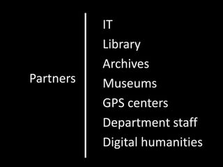 IT
           Library
           Archives
Partners   Museums
           GPS centers
           Department staff
           Digital humanities
 