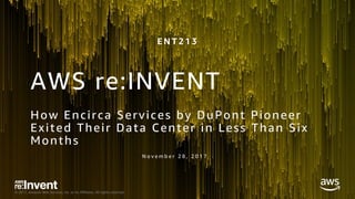© 2017, Amazon Web Services, Inc. or its Affiliates. All rights reserved.
How Encirca Services by DuPont Pioneer
Exited Their Data Center in Less Than Six
Months
N o v e m b e r 2 8 , 2 0 1 7
E N T 2 1 3
AWS re:INVENT
 