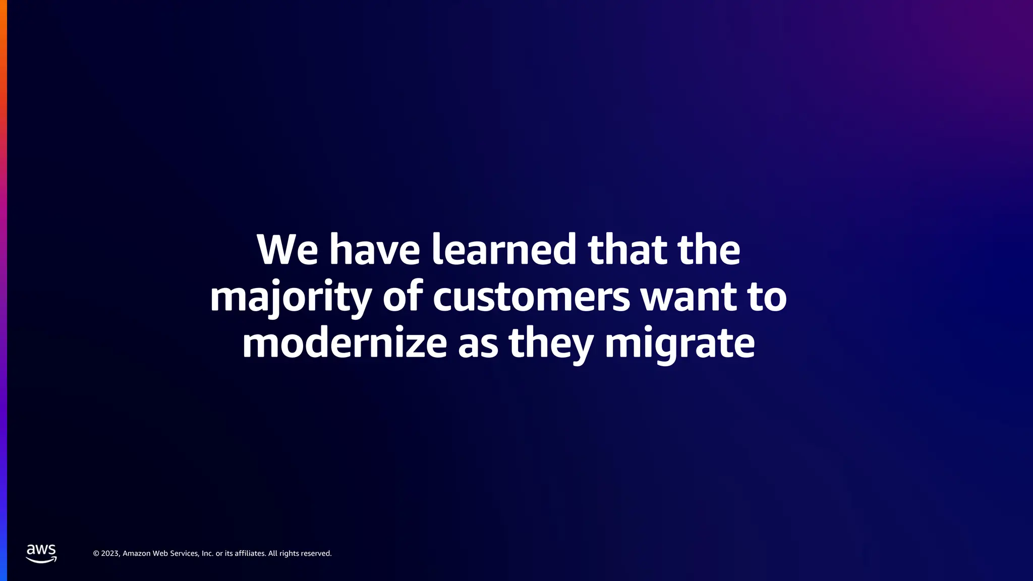 © 2023, Amazon Web Services, Inc. or its affiliates. All rights reserved.
We have learned that the
majority of customers want to
modernize as they migrate
 