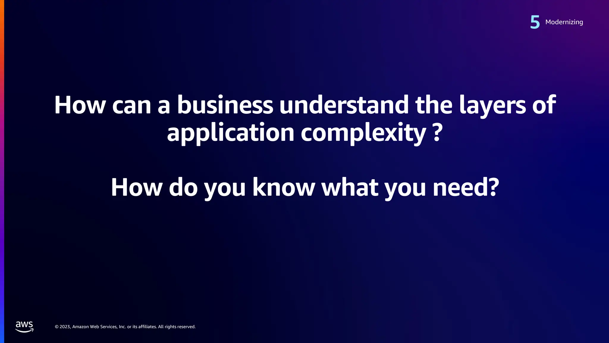 © 2023, Amazon Web Services, Inc. or its affiliates. All rights reserved.
How can a business understand the layers of
application complexity ?
How do you know what you need?
Modernizing
 