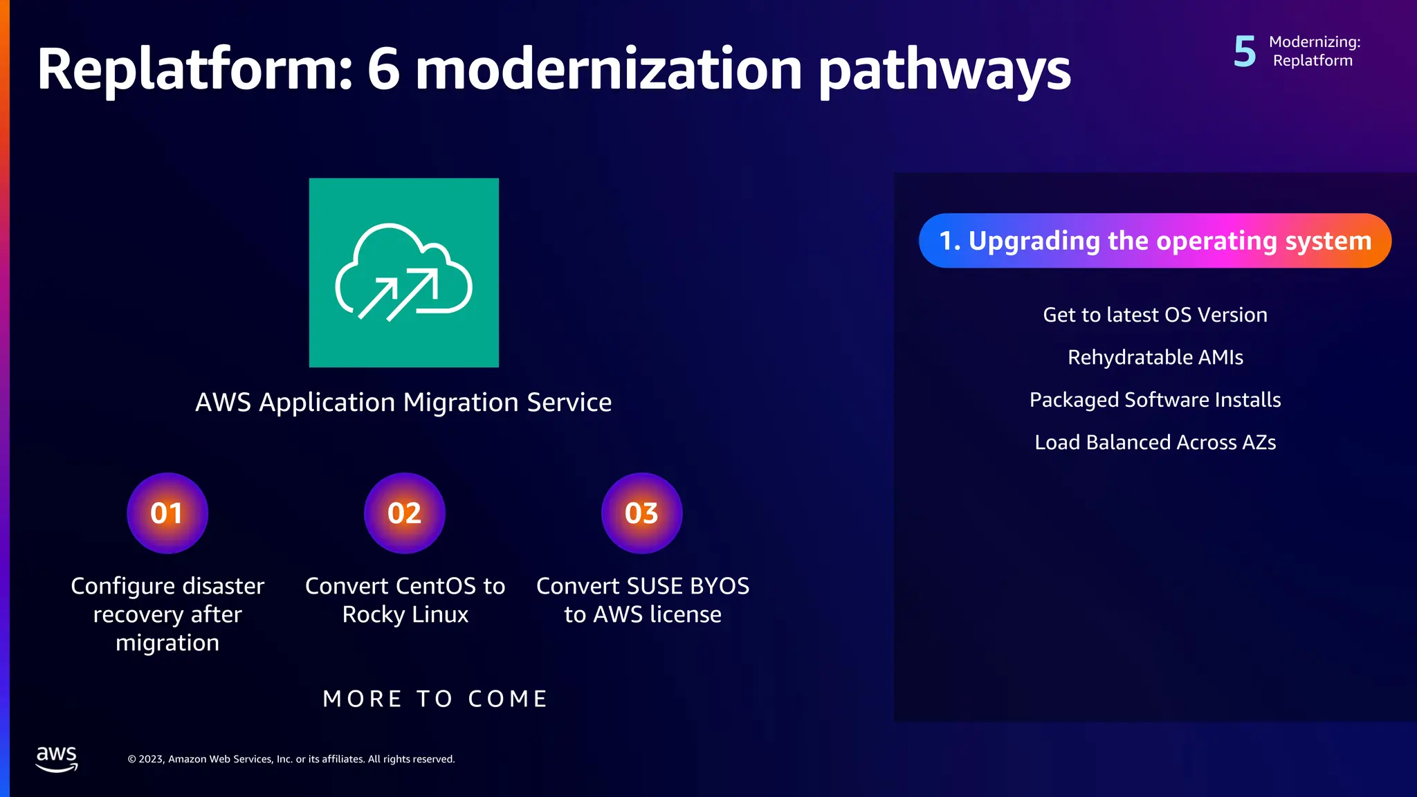 © 2023, Amazon Web Services, Inc. or its affiliates. All rights reserved.
Replatform: 6 modernization pathways
AWS Application Migration Service
Modernizing:
Replatform
1. Upgrading the operating system
Get to latest OS Version
Rehydratable AMIs
Packaged Software Installs
Load Balanced Across AZs
01 02 03
Configure disaster
recovery after
migration
Convert CentOS to
Rocky Linux
Convert SUSE BYOS
to AWS license
M O R E T O C O M E
 