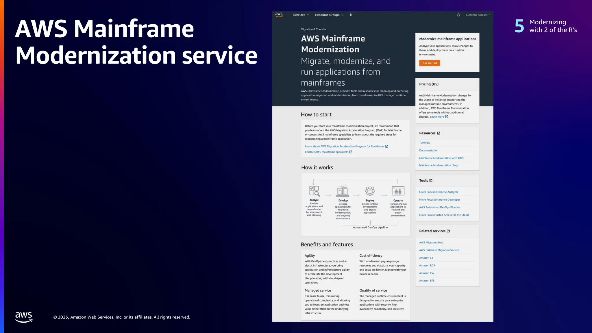 © 2023, Amazon Web Services, Inc. or its affiliates. All rights reserved.
AWS Mainframe
Modernization service
Modernizing
with 2 of the R’s
 