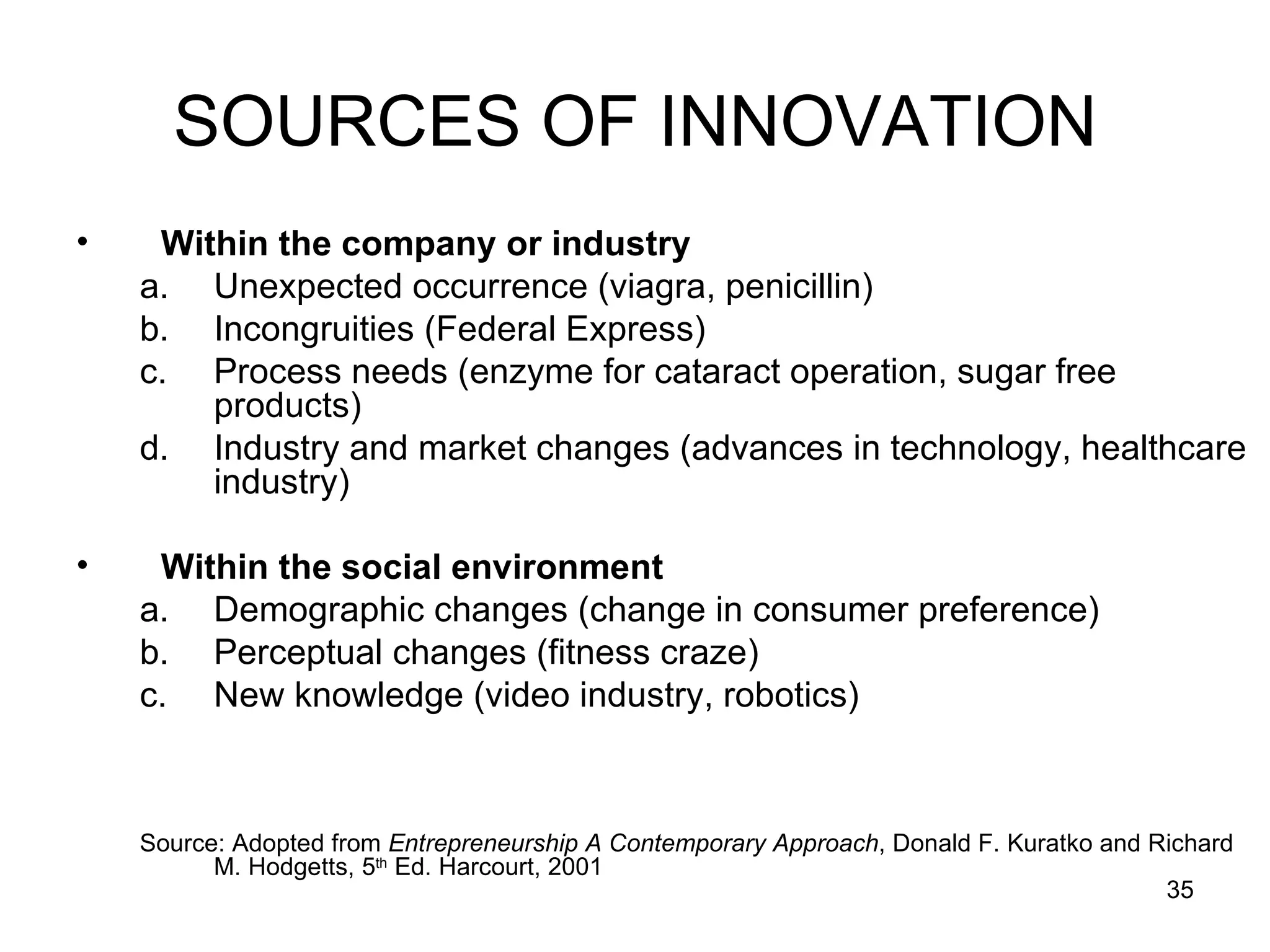 SOURCES OF INNOVATION Within the company or industry Unexpected occurrence (viagra, penicillin) Incongruities (Federal Express) Process needs (enzyme for cataract operation, sugar free products) Industry and market changes (advances in technology, healthcare industry) Within the social environment Demographic changes (change in consumer preference) Perceptual changes (fitness craze) New knowledge (video industry, robotics) Source: Adopted from  Entrepreneurship A Contemporary Approach , Donald F. Kuratko and Richard M. Hodgetts, 5 th  Ed. Harcourt, 2001 