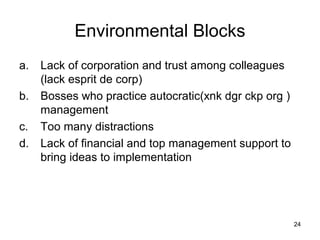 Environmental Blocks
a.   Lack of corporation and trust among colleagues
     (lack esprit de corp)
b.   Bosses who practice autocratic(xnk dgr ckp org )
     management
c.   Too many distractions
d.   Lack of financial and top management support to
     bring ideas to implementation




                                                        24
 
