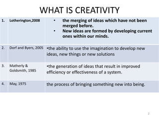 WHAT IS CREATIVITY
2
1. Lotherington,2008 • the merging of ideas which have not been
merged before.
• New ideas are formed by developing current
ones within our minds.
2. Dorf and Byers, 2005 •the ability to use the imagination to develop new
ideas, new things or new solutions
3. Matherly &
Goldsmith, 1985
•the generation of ideas that result in improved
efficiency or effectiveness of a system.
4. May, 1975 the process of bringing something new into being.
 