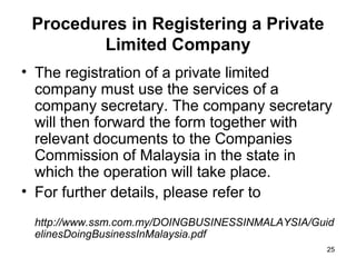Procedures in Registering a Private Limited Company The registration of a private limited company must use the services of a company secretary. The company secretary will then forward the form together with relevant documents to the Companies Commission of Malaysia in the state in which the operation will take place. For further details, please refer to  http://www.ssm.com.my/DOINGBUSINESSINMALAYSIA/GuidelinesDoingBusinessInMalaysia.pdf 