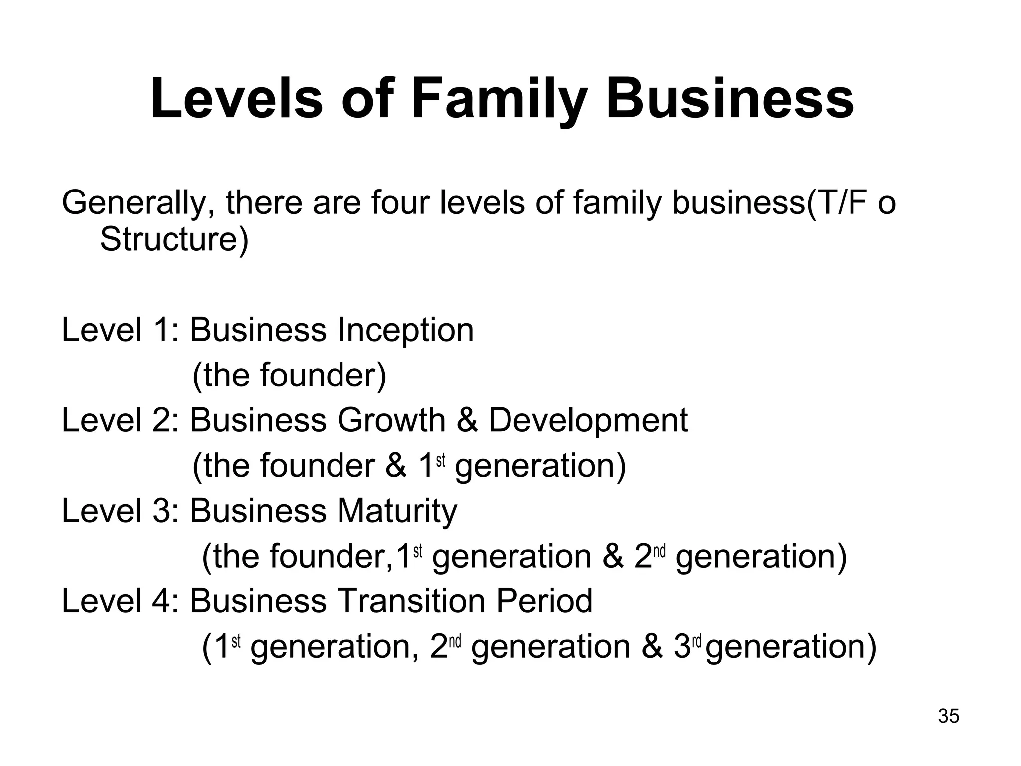 Levels of Family Business
Generally, there are four levels of family business(T/F o
  Structure)

Level 1: Business Inception
         (the founder)
Level 2: Business Growth & Development
         (the founder & 1st generation)
Level 3: Business Maturity
          (the founder,1st generation & 2nd generation)
Level 4: Business Transition Period
          (1st generation, 2nd generation & 3rd generation)
                                                              35
 
