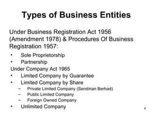 Types of Business Entities
Under Business Registration Act 1956
(Amendment 1978) & Procedures Of Business
Registration 1957:
•  Sole Proprietorship
•  Partnership
Under Company Act 1965
•  Limited Company by Guarantee
•  Limited Company by Share
    –     Private Limited Company (Sendirian Berhad)
    –     Public Limited Company
    –     Foreign Owned Company
•       Unlimited Company                              4
 