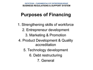 ENT/ETR300 – FUNDAMENTALS OF ENTREPRENEURSHIP
   BUSINESS REGULATIONS & SUPPORT SYSTEM



  Purposes of Financing

1. Strengthening skills of workforce
   2. Entrepreneur development
     3. Marketing & Promotion
4. Product Development & Quality
            accreditation
    5. Technology development
        6. Debt restructuring
             7. General
 