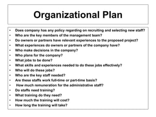 ENT/ETR300 – FUNDAMENTALS OF ENTREPRENEURSHIP
BUSINESS PLAN
Organizational Plan
• Does company has any policy regarding on recruiting and selecting new staff?
• Who are the key members of the management team?
• Do owners or partners have relevant experiences to the proposed project?
• What experiences do owners or partners of the company have?
• Who make decisions in the company?
• Who plans for the company?
• What jobs to be done?
• What skills and experiences needed to do these jobs effectively?
• Who will do these jobs?
• Who are the key staff needed?
• Are these staffs work full-time or part-time basis?
• How much remuneration for the administrative staff?
• Do staffs need training?
• What training do they need?
• How much the training will cost?
• How long the training will take?
 