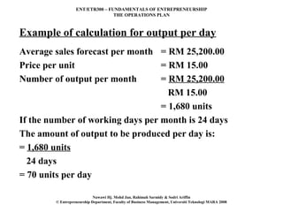 ENT/ETR300 – FUNDAMENTALS OF ENTREPRENEURSHIP
                                 THE OPERATIONS PLAN



Example of calculation for output per day
Average sales forecast per month = RM 25,200.00
Price per unit                    = RM 15.00
Number of output per month        = RM 25,200.00
                                    RM 15.00
                                  = 1,680 units
If the number of working days per month is 24 days
The amount of output to be produced per day is:
= 1,680 units
  24 days
= 70 units per day

                            Nawawi Hj. Mohd Jan, Rahimah Sarmidy & Sodri Ariffin
        © Entrepreneurship Department, Faculty of Business Management, Universiti Teknologi MARA 2008
 