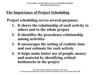 ENT/ETR300 – FUNDAMENTALS OF ENTREPRENEURSHIP
                                THE OPERATIONS PLAN



The Importance of Project Scheduling

Project scheduling serves several purposes:
  1. It shows the relationship of each activity to
      others and to the whole project
  2. It identifies the precedence relationship
      among activities
  3. It encourages the setting of realistic time
      and cost estimate for each activity
  4. It helps make better use of people, money
      and material by identifying critical
      bottlenecks in the project
                           Nawawi Hj. Mohd Jan, Rahimah Sarmidy & Sodri Ariffin
       © Entrepreneurship Department, Faculty of Business Management, Universiti Teknologi MARA 2008
 
