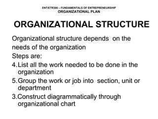 ORGANIZATIONAL STRUCTURE Organizational structure depends  on the needs of the organization Steps are: List all the work needed to be done in the organization Group the work or job into  section, unit or department 3.Construct diagrammatically through organizational chart 